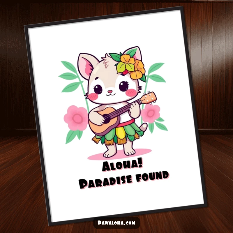 Funny Free Printable Wall Art: Kawaii animal musician in a hula skirt playing a ukulele joyfully.