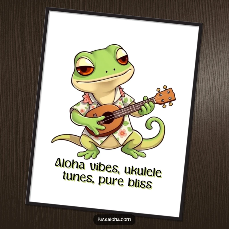Funny Free Printable Wall Art: A cool gecko in a Hawaiian shirt plays a tiny ukulele, bringing island vibes.
