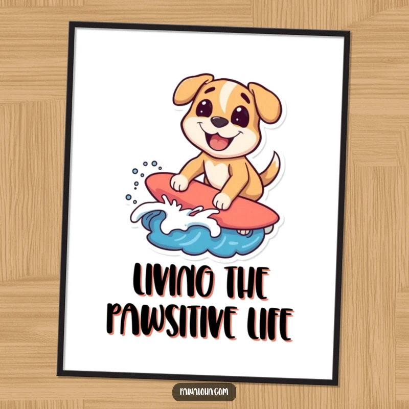 Funny Free Printable Surfing Dog Wall Art, a dog character riding a stylized wave with a big grin, bringing beach vibes.