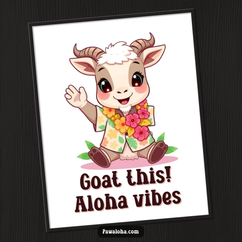 Funny free printable wall art: A goat wearing an Aloha shirt and lei cheers happily, embodying pure, unadulterated joy.