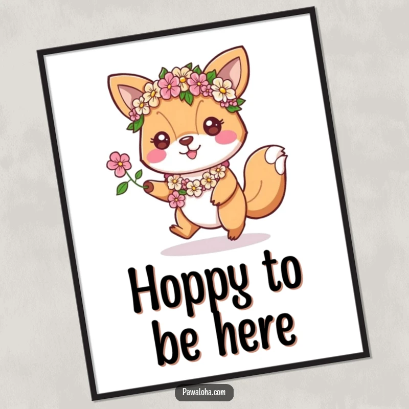 Funny Free Printable Wall Art: Animal adorned with floral leis hopping with pure enthusiasm, a lively downloadable piece.