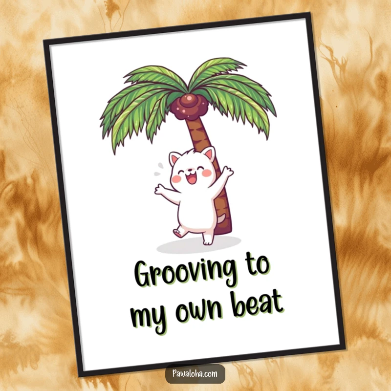 Funny Free Printable Wall Art: Kawaii animal in a happy dance pose under a lush, cartoon palm tree.