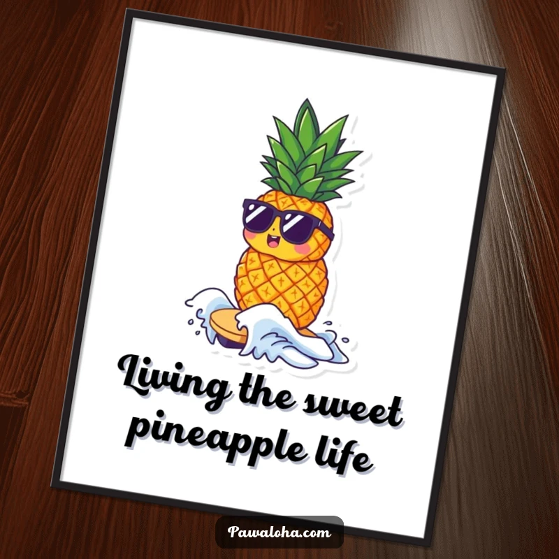 Funny Free Printable Wall Art: A small pineapple character wearing sunglasses, riding a wave, bringing cool beach vibes, a fun decor piece.