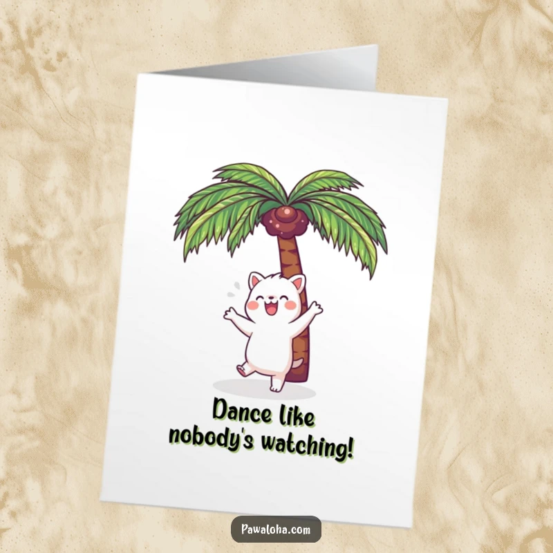 Funny Free Printable Birthday Card: Kawaii animal joyfully dancing under a swaying palm tree with pure excitement.