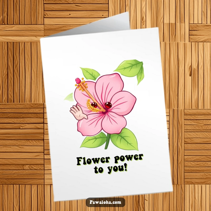 Funny Free Printable Birthday Card: Cute hibiscus flower character with petals waving hello, sending cheerful birthday wishes, perfect DIY downloadable.