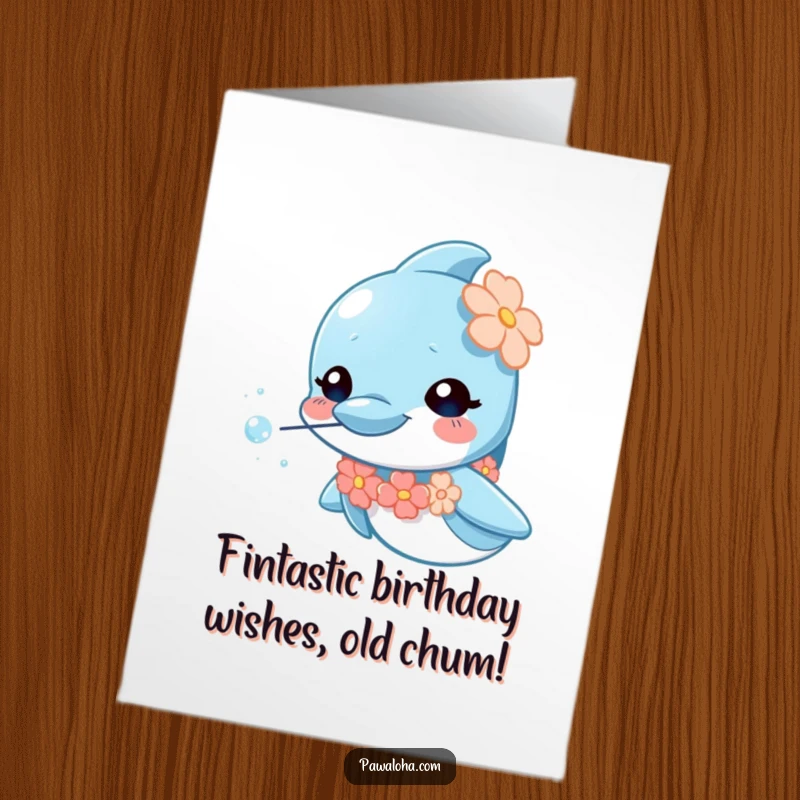 Funny Free Printable Birthday Card featuring a curious dolphin in a lei blowing sparkly bubbles, perfect for a humorous greeting.