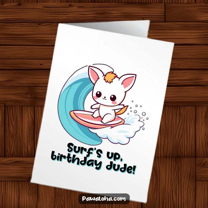 Funny Free Printable Birthday Card: Kawaii animal expertly surfing a vibrant rainbow wave on a surfboard.