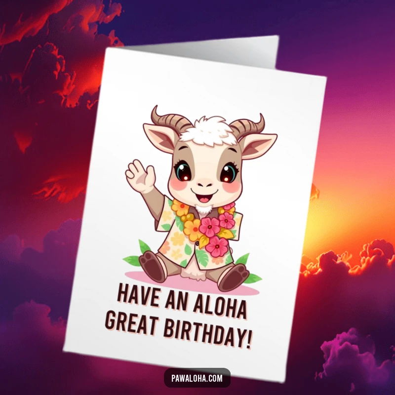 Funny free printable birthday card: A goat in an Aloha shirt and lei cheers enthusiastically, embodying a tropical birthday party.