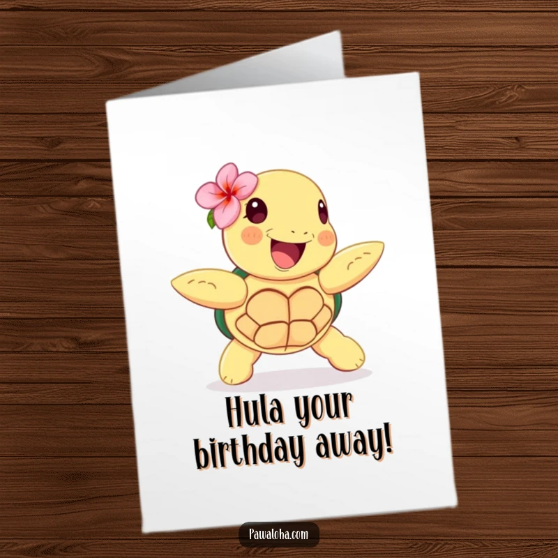 Funny Free Printable Birthday Card: A happy sea turtle doing a hula dance with a flower, spreading birthday joy, a fun downloadable gift.
