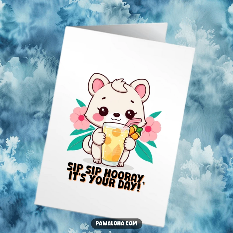 Funny Free Printable Birthday Card: Kawaii animal holding a refreshing tropical drink with a straw, looking content.