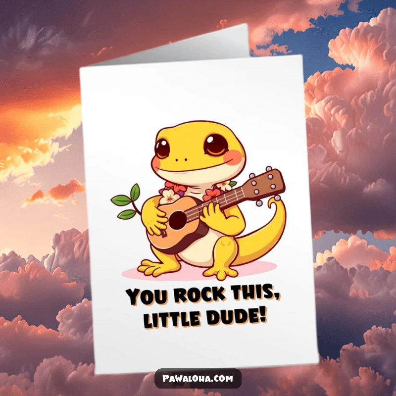 Funny Free Printable Congratulations Card: A kawaii gecko with a lei, playing a ukulele, a fun symbol of celebration, perfect for gifting.