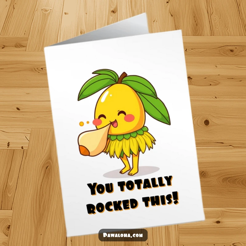 Funny free printable congratulations card showing a happy mango in grass skirt blowing a conch shell to announce good news.