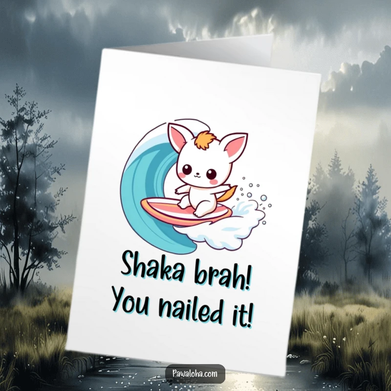 Funny Free Printable Congrats Card: Kawaii animal conquering a massive, colorful rainbow wave on a surfboard.