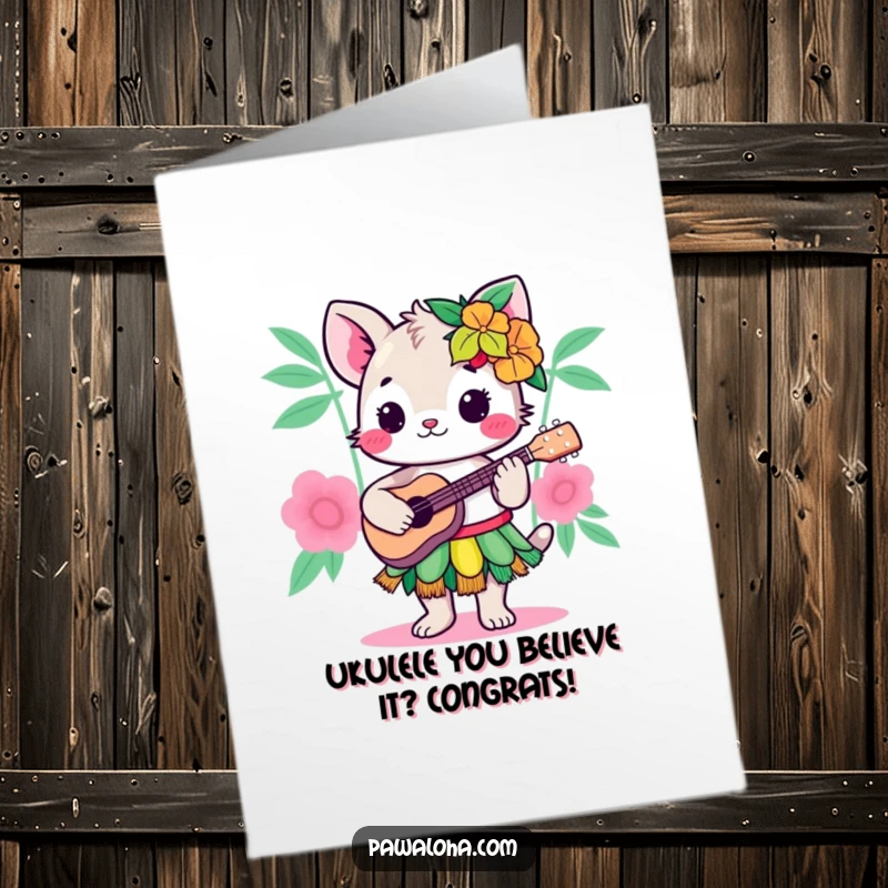 Funny Free Printable Congrats Card: Kawaii animal playing ukulele in a hula skirt, spreading cheers.