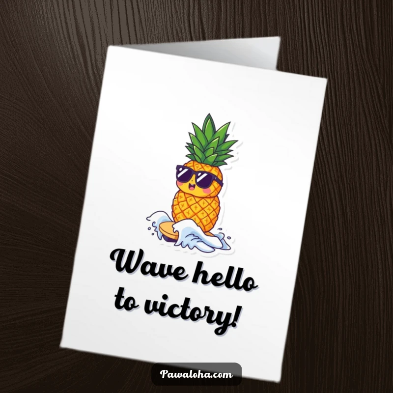 Funny Free Printable Congratulations Card: A pineapple surfing a wave, symbolizing success and good times, perfect for gifting.
