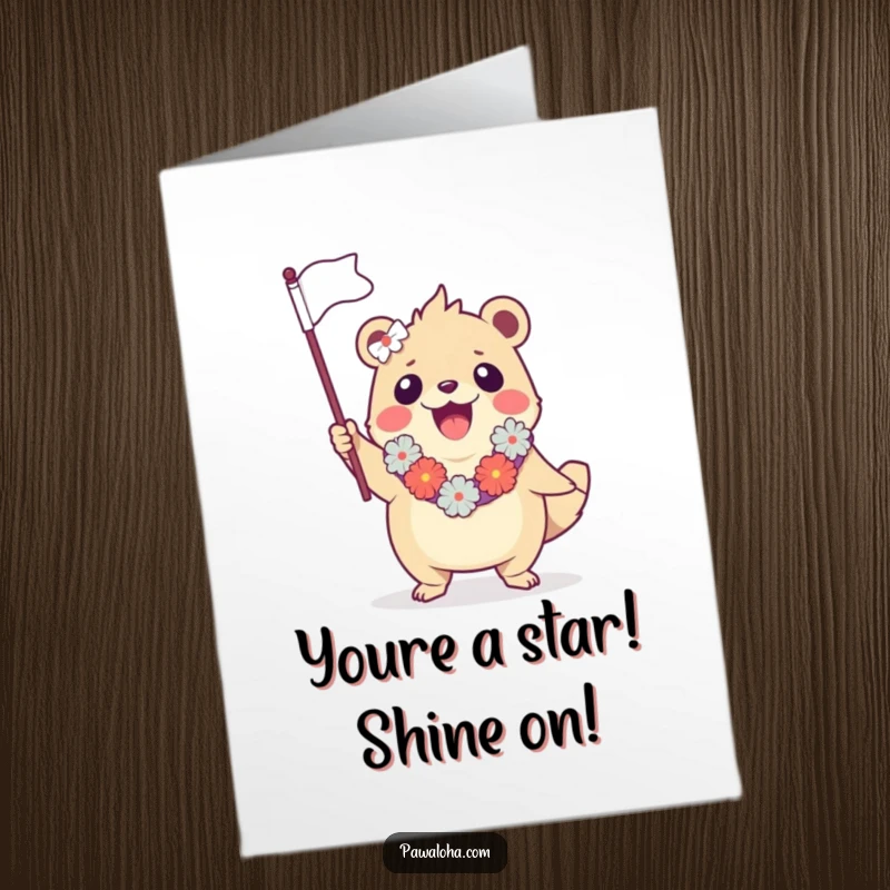 Funny Free Printable Congratulations Card: Leis creature cheering with a miniature flag, a vibrant and downloadable piece of art.