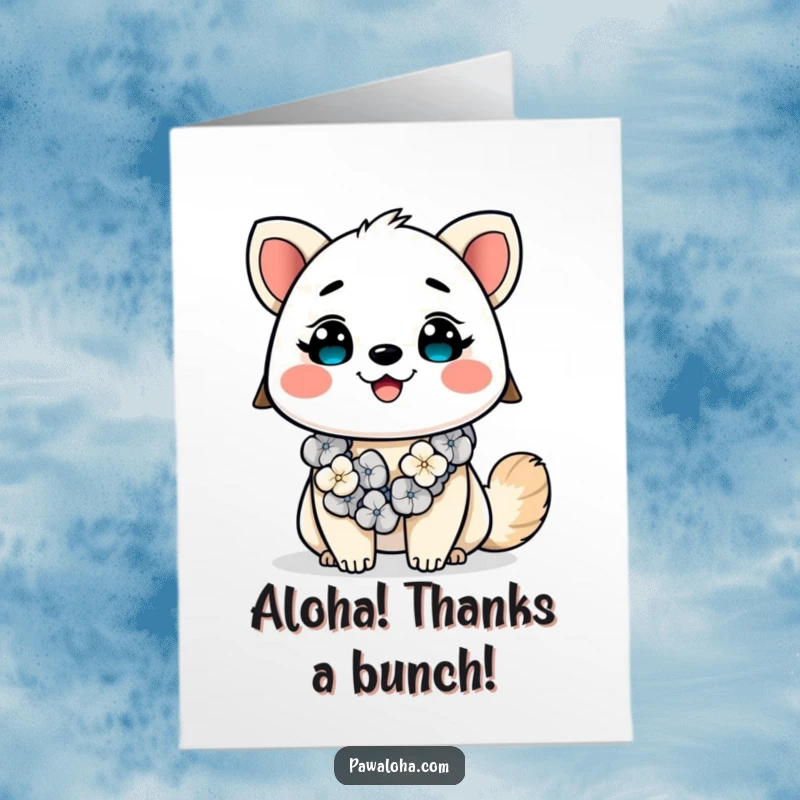 Funny Free Printable Thank You Card: Kawaii animal wearing a lei, offering a wide, thankful smile.