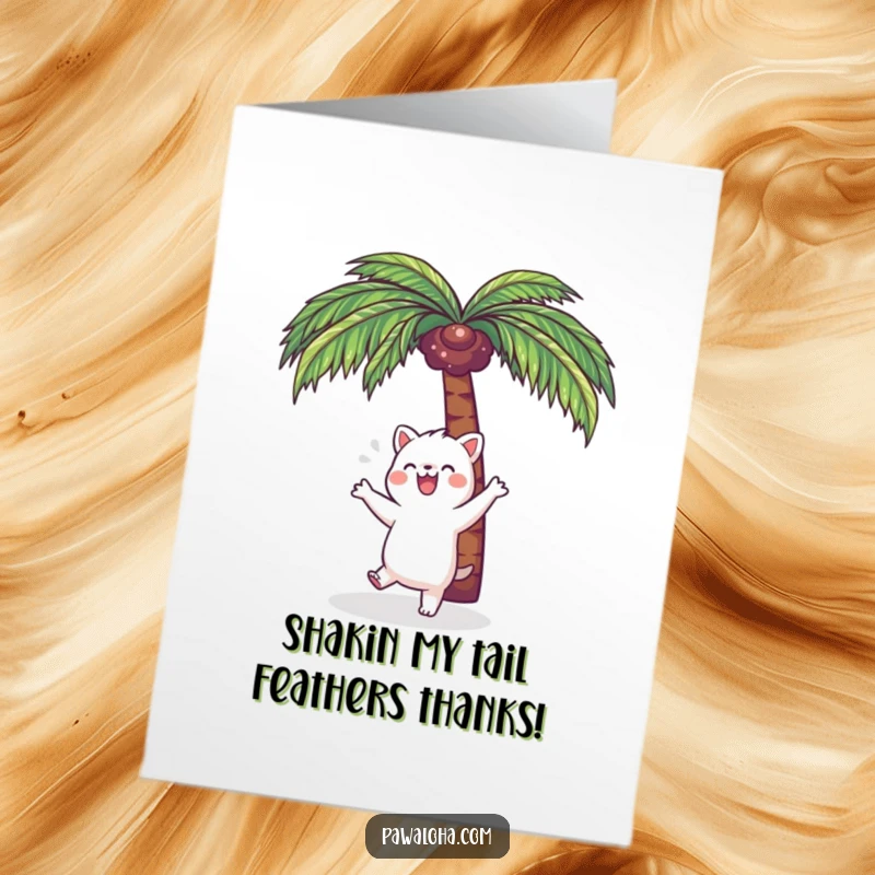 Funny Free Printable Thank You Card: Kawaii animal doing a happy, thankful dance under a palm tree.
