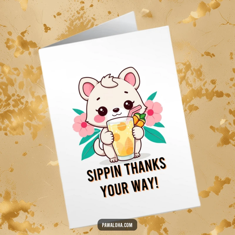 Funny Free Printable Thank You Card: Kawaii animal holding a tropical drink with a straw, conveying thanks.