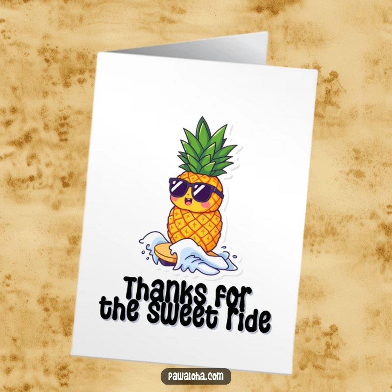 Funny Free Printable Thank You Card: A pineapple surfing a wave, a cool way to say thank you, a delightful downloadable gift.