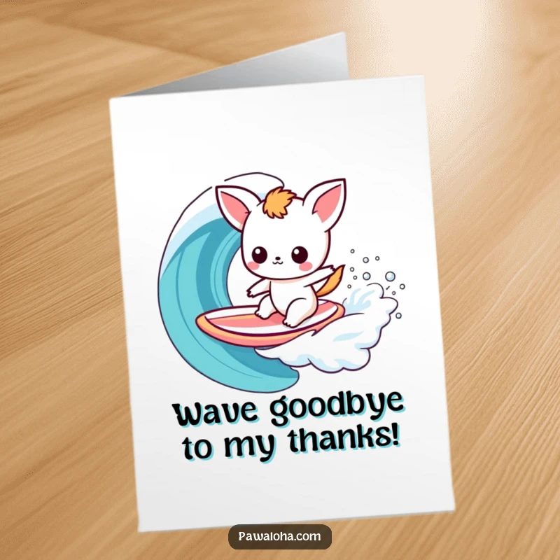 Funny Free Printable Thank You Card: Kawaii animal effortlessly riding a rainbow wave on a surfboard.