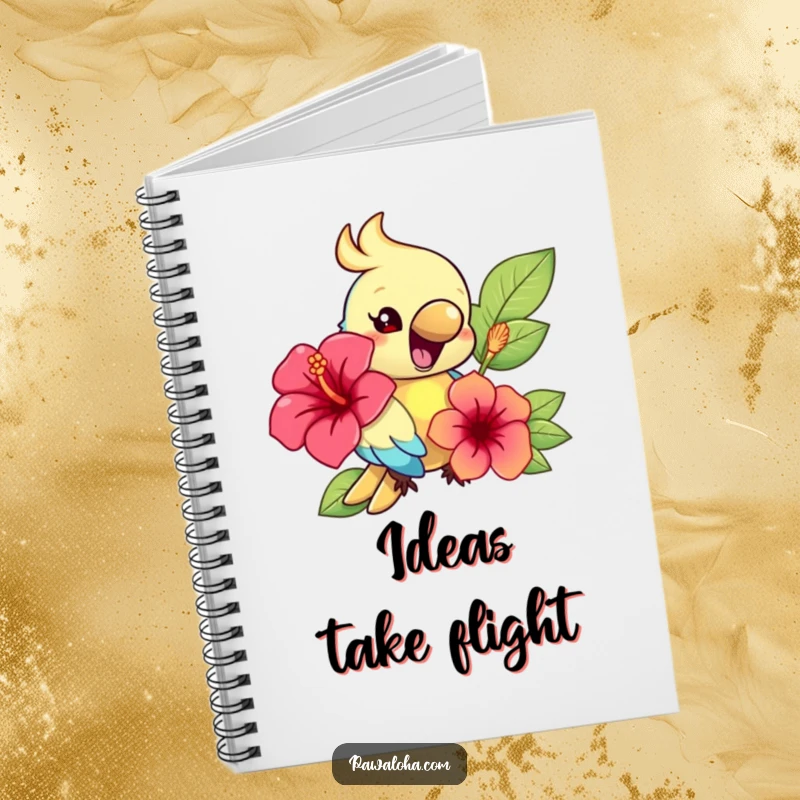 Funny notebook with a happy parrot character holding a hibiscus flower, ideal for jotting down tropical thoughts.