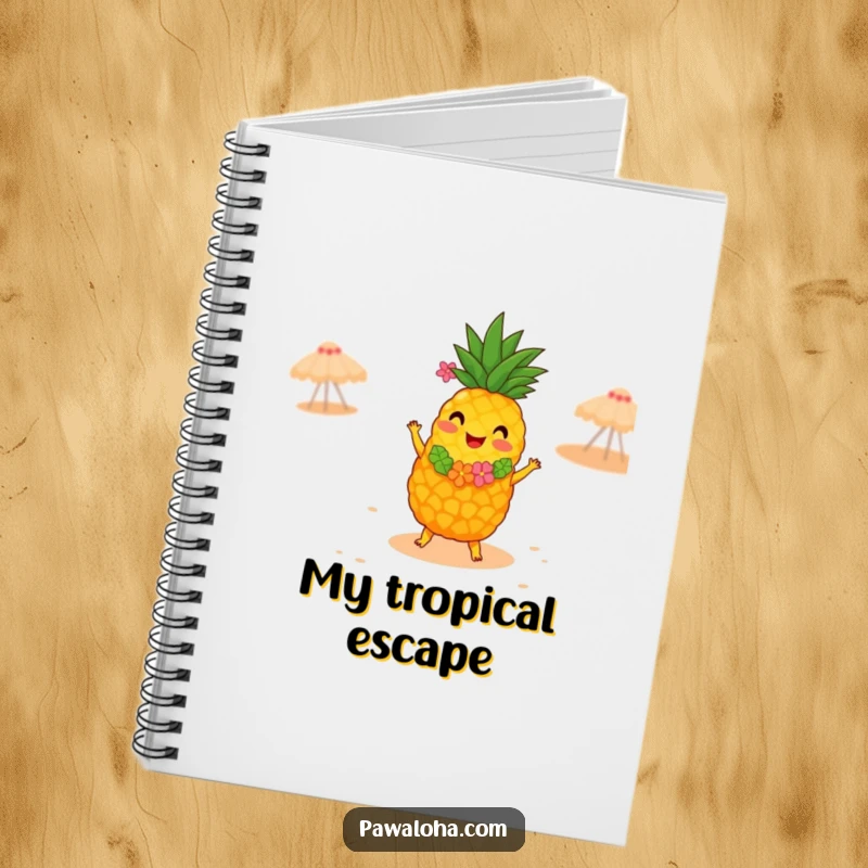 Funny notebook page featuring a joyful pineapple wearing a lei, dancing the hula on a sandy beach, perfect for jotting down sunny thoughts.