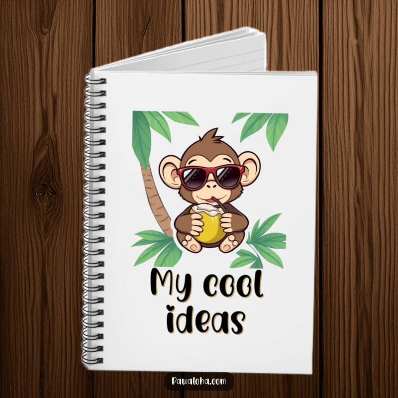 Funny Monkey Notebook with a cool monkey wearing sunglasses and drinking a coconut, inspiring tropical and fun note-taking.