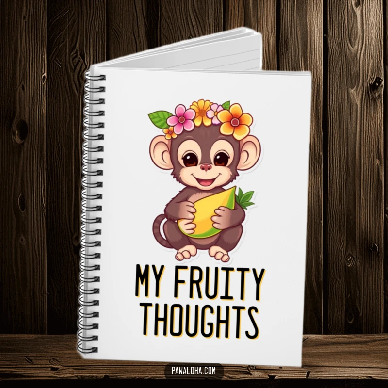 Funny notebook page showing a charming monkey wearing a flower crown, offering a tropical fruit, perfect for jotting down sweet inspirations.