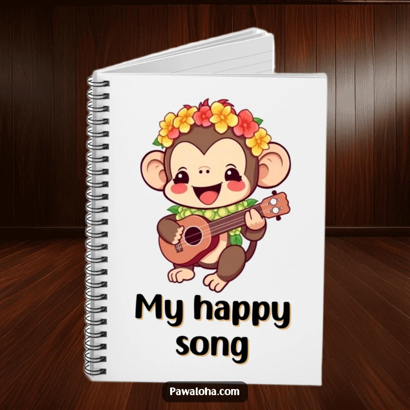 Funny Kawaii monkey notebook with a happy character playing a ukulele, ideal for jotting down ideas with a humorous and tropical theme.