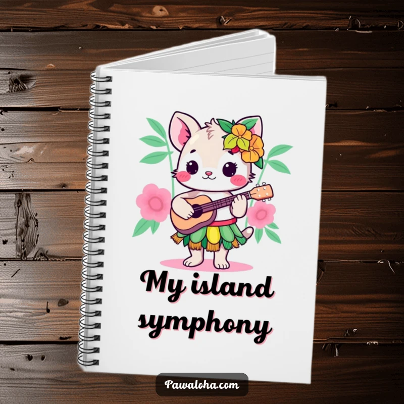 Funny Kawaii Hula Animal Notebook: A cute cartoon in a hula skirt, playing a ukulele, perfect for capturing notes with a side of humor.