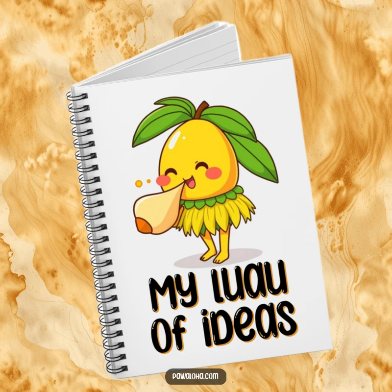Funny smiling mango character with grass skirt blowing conch shell, a tropical and funny notebook for daily use.