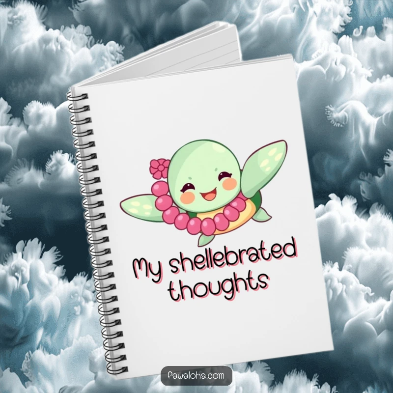 Funny sea turtle with a lei swimming happily, on the cover of a notebook, encouraging joyful writing and creative brainstorming sessions.