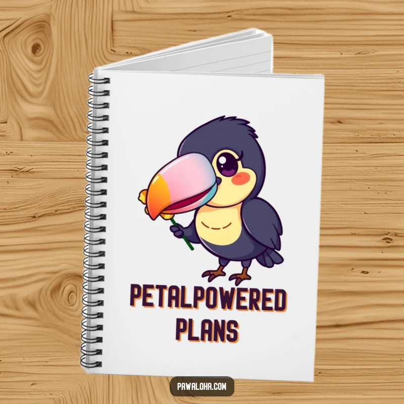 Funny Toucan Notebook featuring a cheerful toucan with a vividly colorful beak, offering a flower petal.