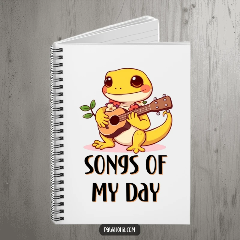 Funny notebook with a kawaii gecko wearing a lei and playing a tiny ukulele, perfect for writing songs or notes.
