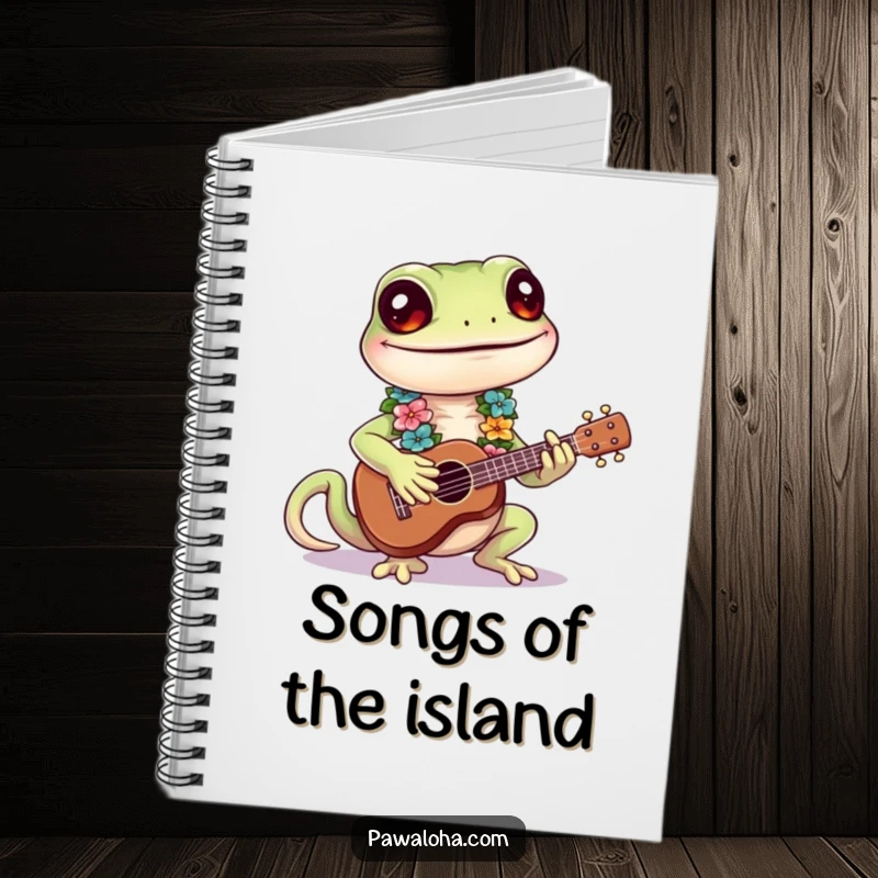 Funny Gecko Notebook with a smiling gecko playing a ukulele, great for journaling.