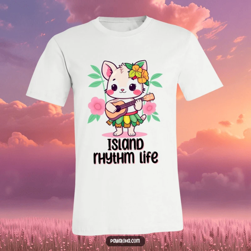 Funny Kawaii Hula Animal T-Shirt: A cheerful cartoon creature in a grass skirt, playing a ukulele with a playful island spirit.