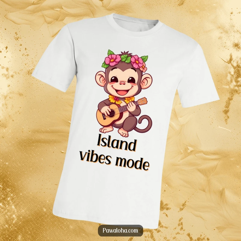 Funny t-shirt graphic of a happy monkey wearing a lei and playing a ukulele with musical notes.