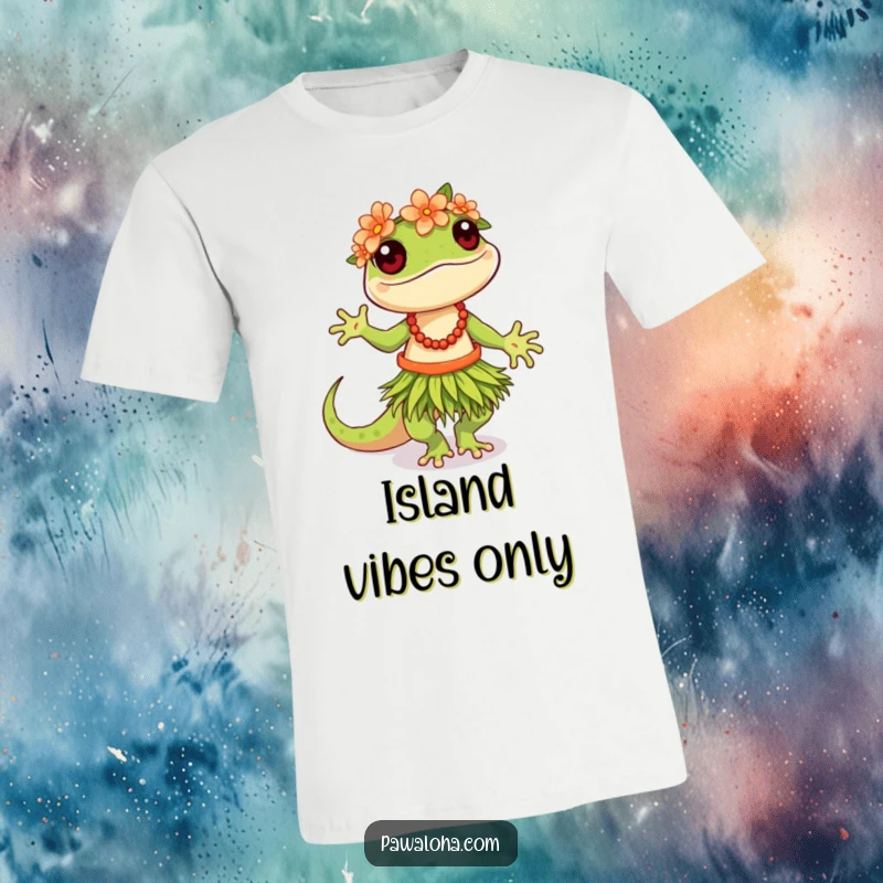 Funny Hula Gecko T-Shirt showing a gecko gracefully performing a hula dance, radiating pure tropical joy.