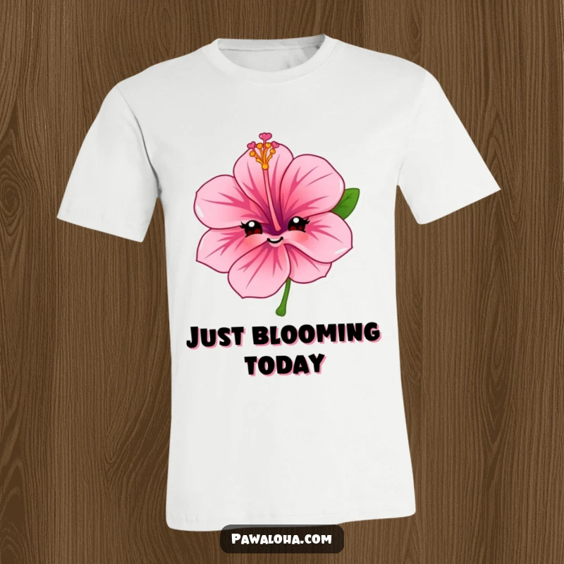 Funny hibiscus flower t-shirt worn by a smiling character, showcasing a sweet and friendly expression for ultimate summer vibes.