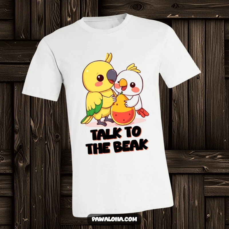 Funny Kawaii Parrot T-Shirt: Cute colorful parrot sharing fruit, a funny design celebrating friendship and generosity.