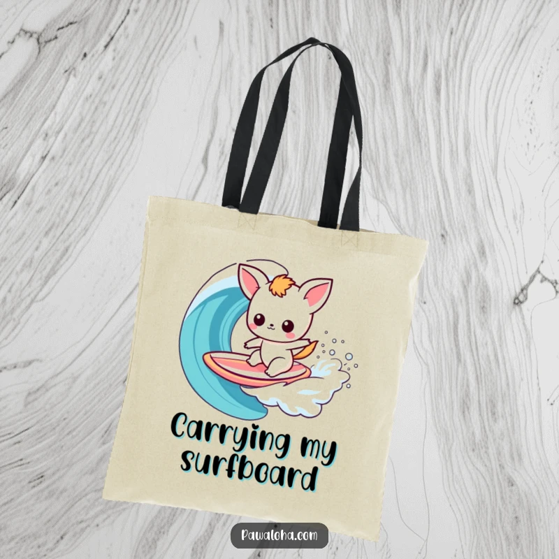 Funny Kawaii Surfer Animal Tote Bag: Adorable cartoon animal surfing a rainbow wave on a surfboard, ideal for beach trips and daily use.