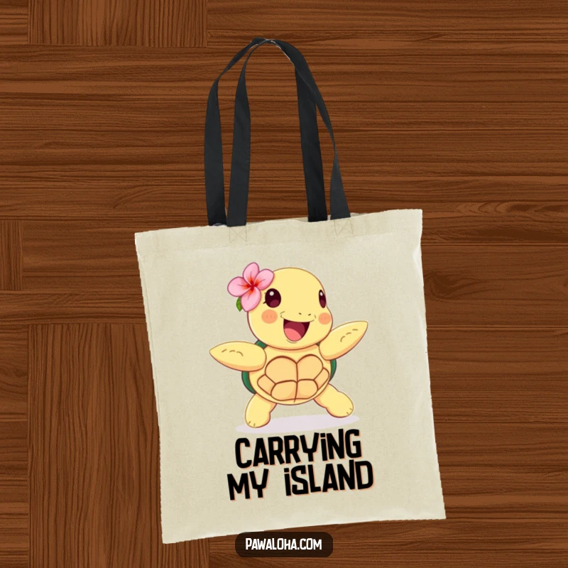 Funny tote bag with a happy sea turtle wearing a flower, doing a hula dance, perfect for carrying beach essentials.