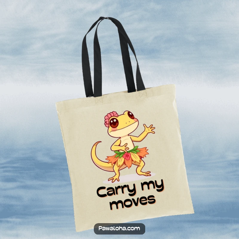 Funny Kawaii gecko in a hula skirt, performing a graceful dance, featured on a durable and stylish tote bag.