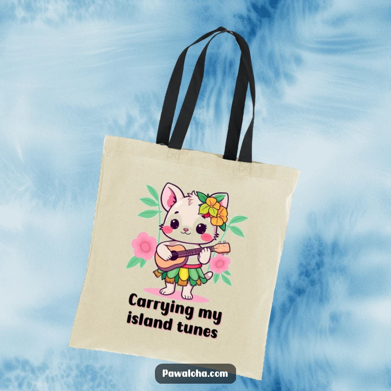Funny Kawaii Hula Animal Tote Bag: Adorable cartoon animal in a hula skirt, playing a ukulele, perfect for carrying daily essentials with humor.