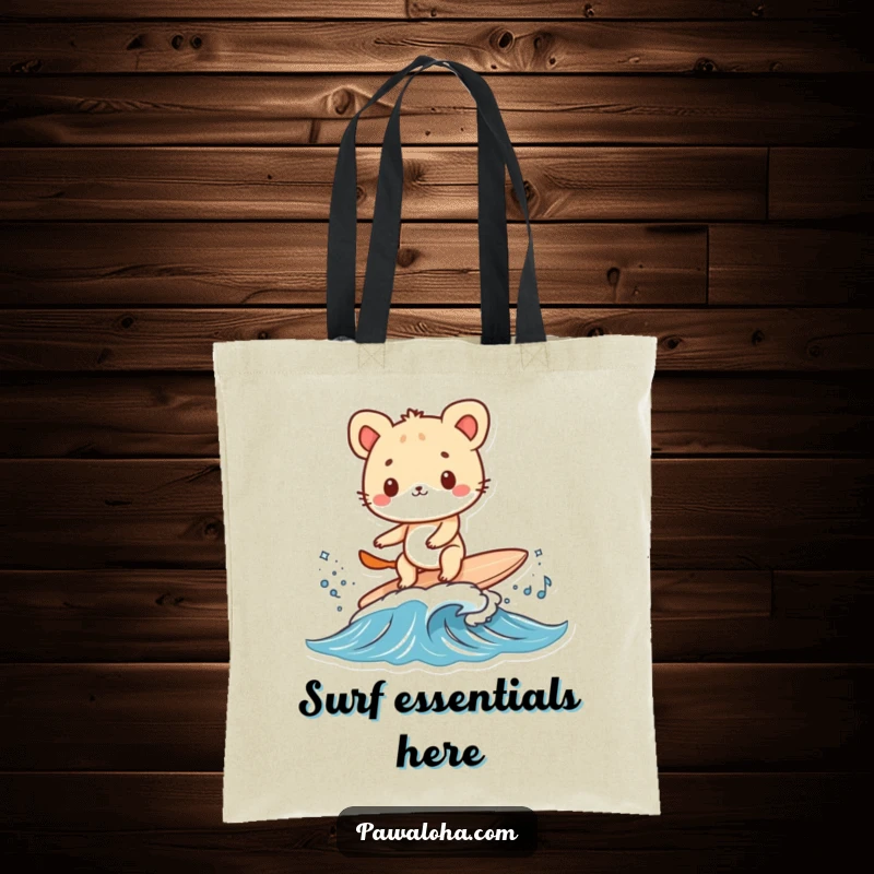 Funny animal character making waves on a tiny surfboard, displayed on a durable tote bag. A fun beach essential.