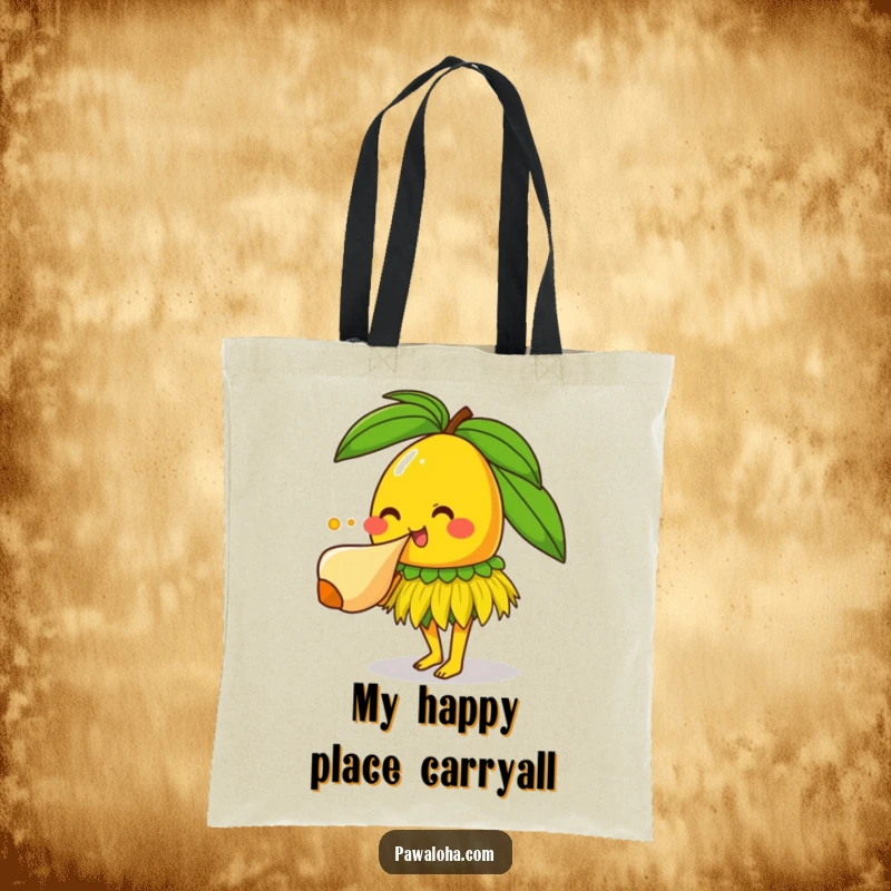 Funny mango character in grass skirt blowing conch shell, a perfect funny tropical tote bag for beach essentials.